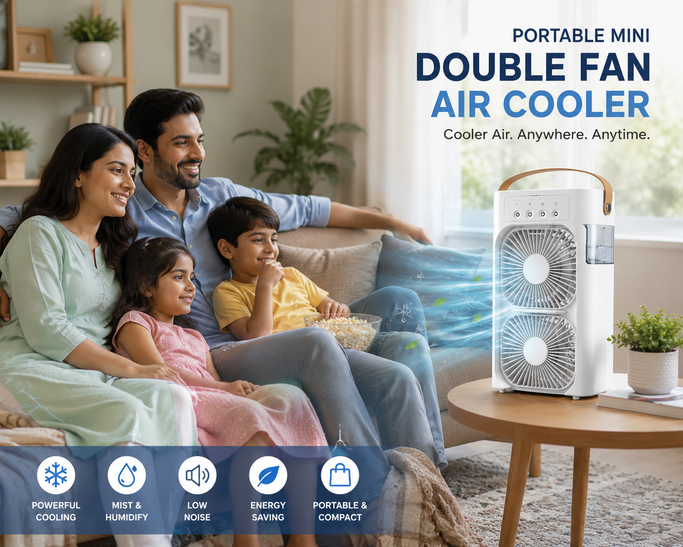 Portable Mini Double Fan Air Cooler With Mist Humidifier & LED Lighting — Stay cool anywhere