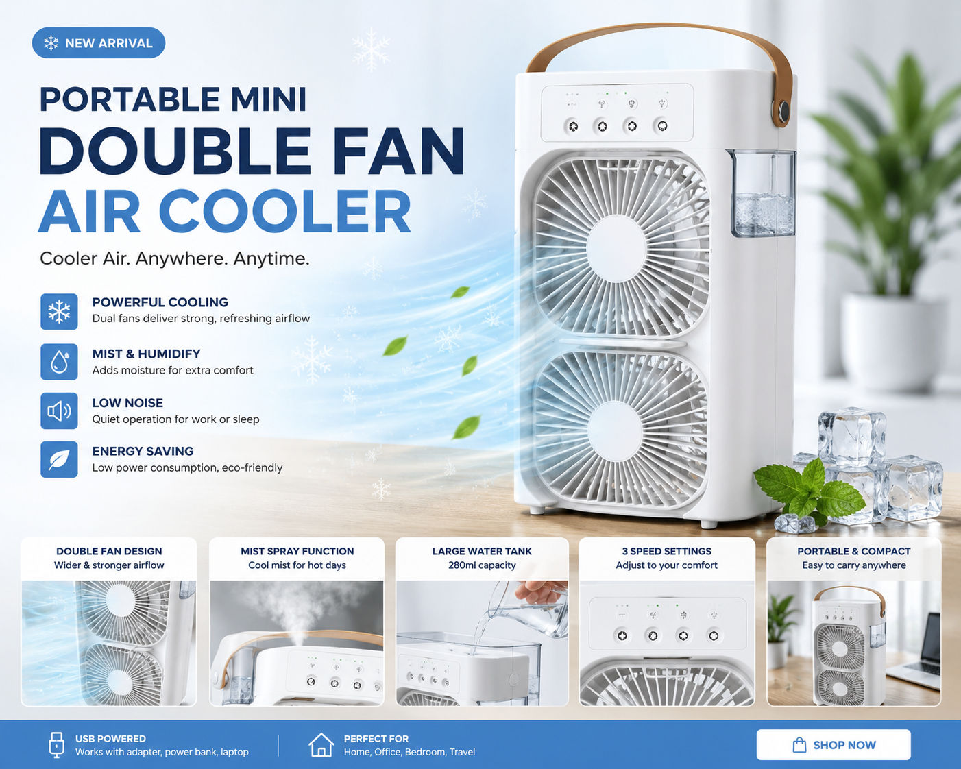 Portable Mini Double Fan Air Cooler With Mist Humidifier & LED Lighting — Stay cool anywhere