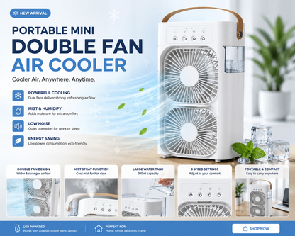 Portable Mini Double Fan Air Cooler With Mist Humidifier & LED Lighting — Stay cool anywhere